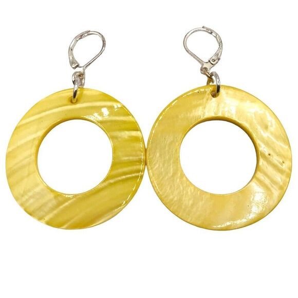 Natural Shell Green and Yellow Open Hoop Dangle Earrings - Picture 4 of 8